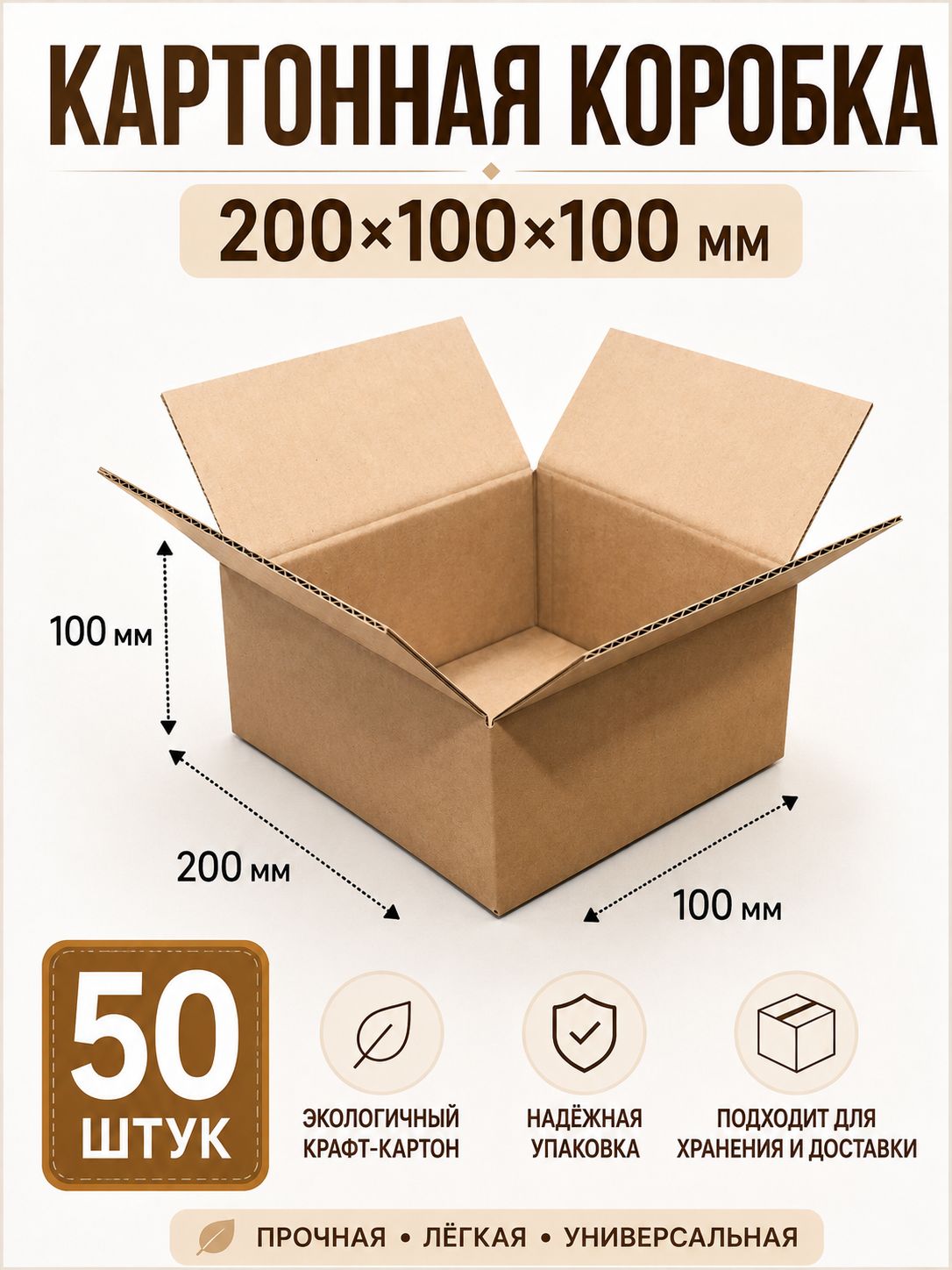 Коробка картонная 200x100x100 мм гофрокартон Т23 - 50штук