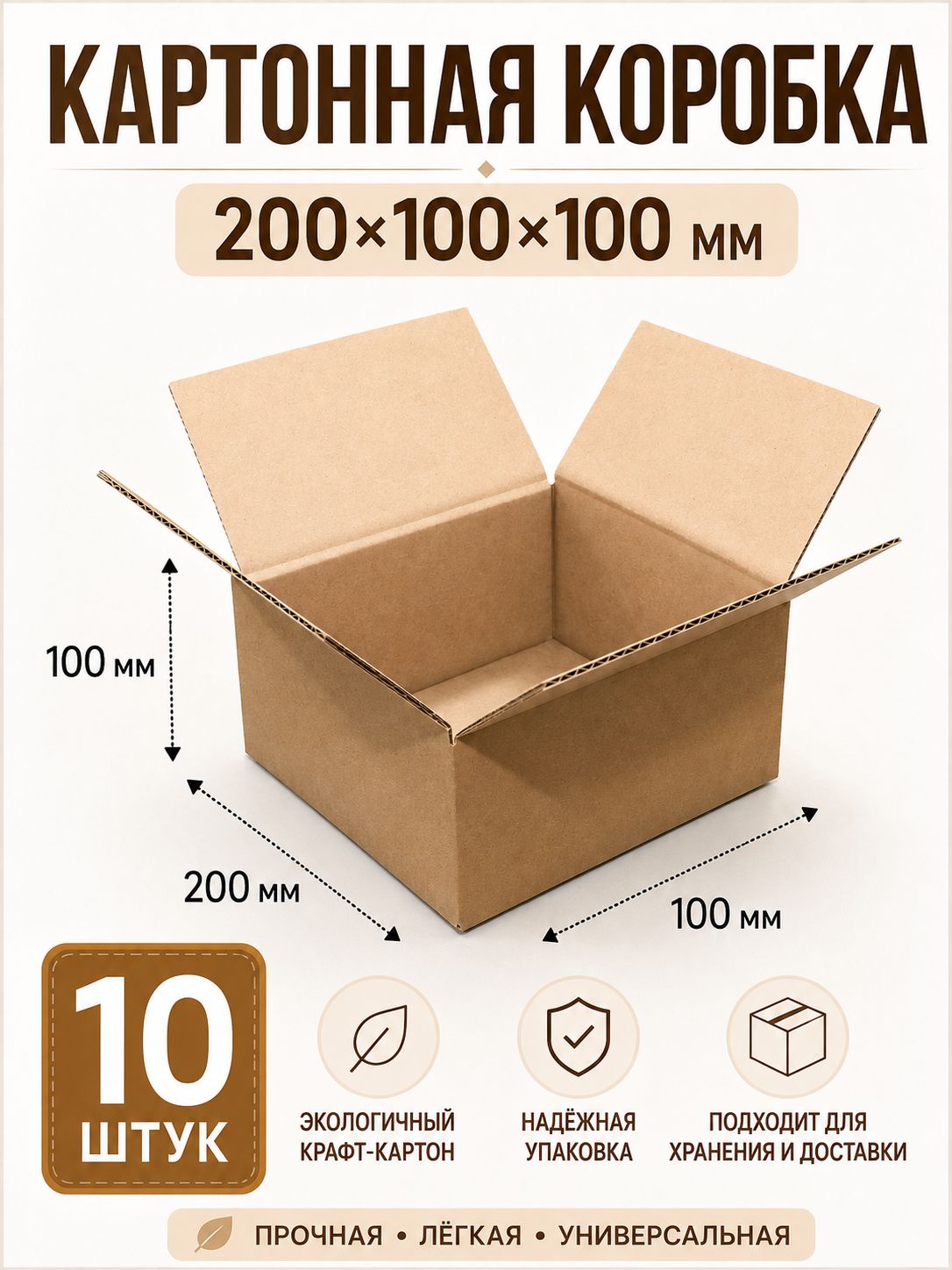 Коробка картонная 200x100x100 мм гофрокартон Т23 - 10штук