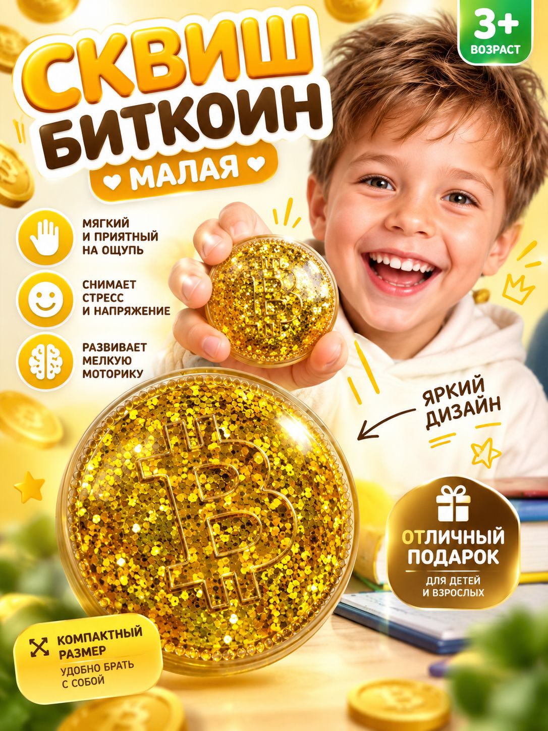 Антистресс сквиш монета,медалька,биткоин, жмякалка для рук 1 штука