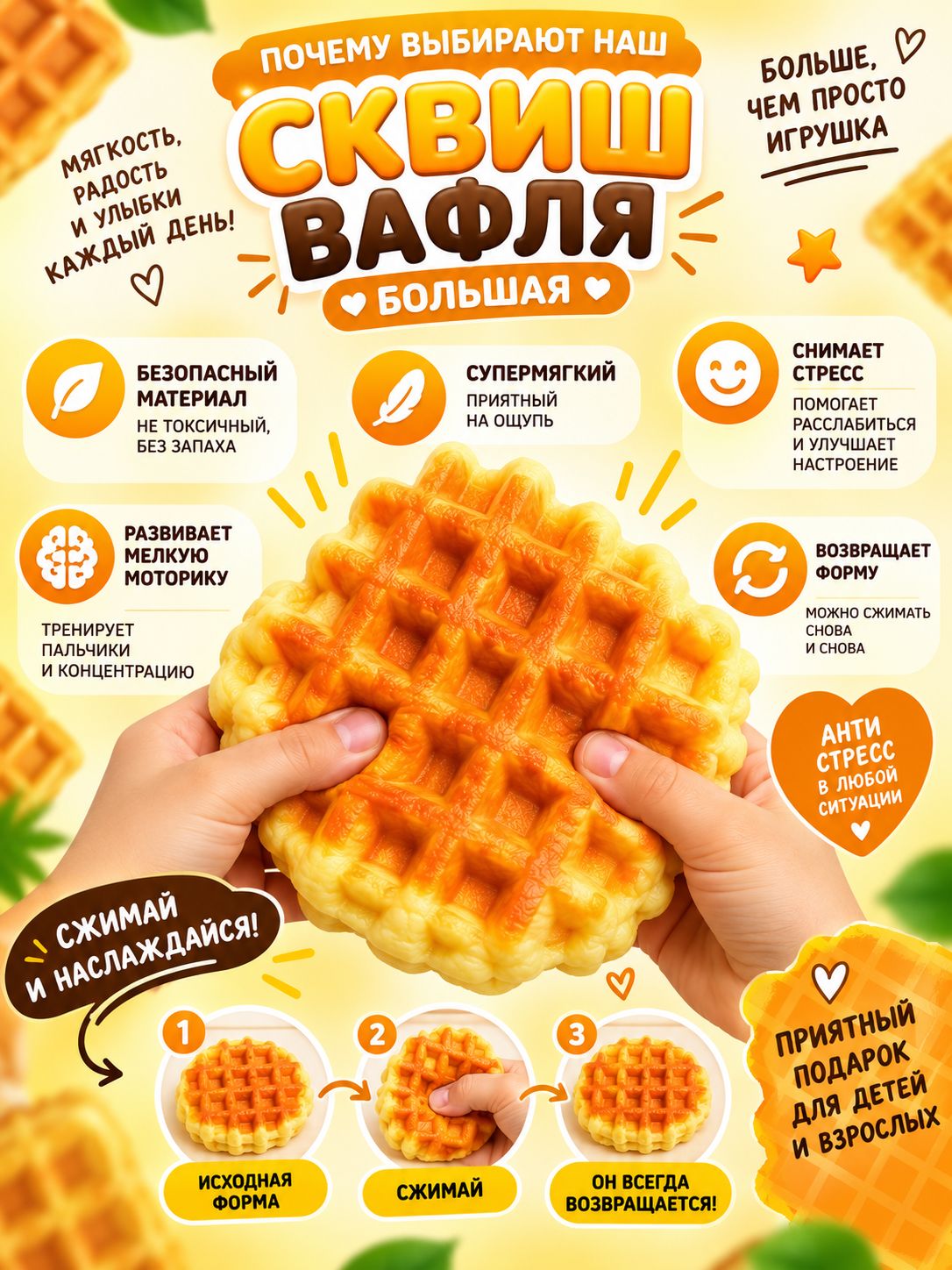 Сквиш вафли, игрушка антистресс сквиш мялка для рук, 1 шт — изображение 2